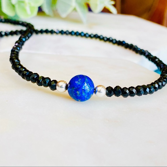 Mens Lapis Lazuli & Black Spinel Beaded Beaded Necklace in sterling Silver